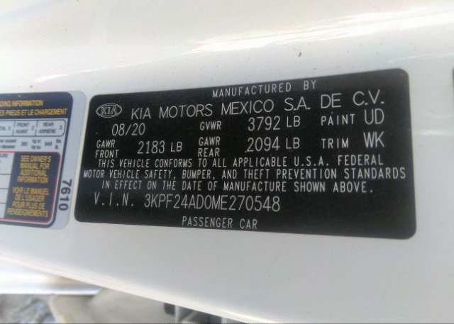 2021 KIA FORTE(VIN: 3KPF24AD0ME270548