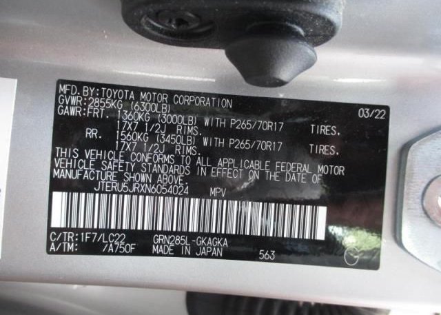 2022 TOYOTA 4RUNNER(VIN: JTERU5JRXN6054024
