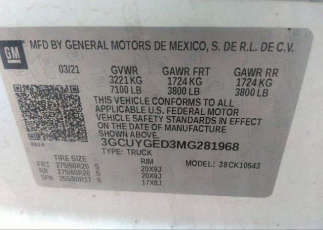 2021 CHEVROLET SILVERADO 1500(VIN: 3GCUYGED3MG281968
