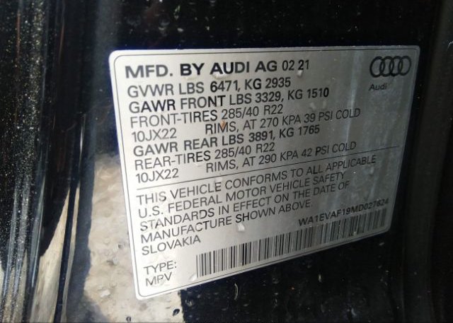2021 AUDI Q8(VIN: WA1EVAF19MD027624