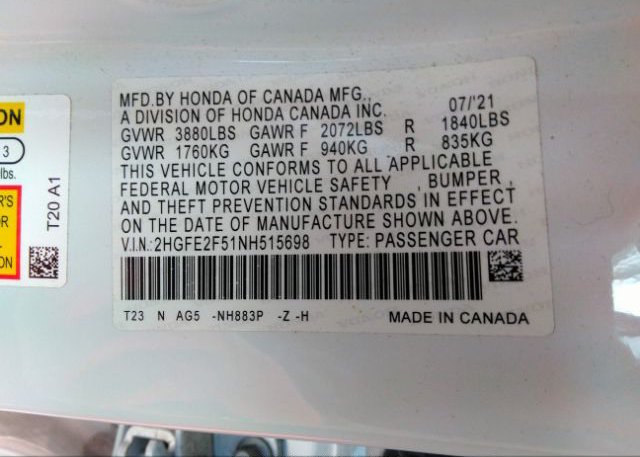 2022 HONDA CIVIC SEDAN(VIN: 2HGFE2F51NH515698