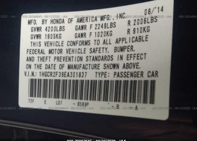 1HGCR2F39EA301837 2014 HONDA ACCORD SEDAN