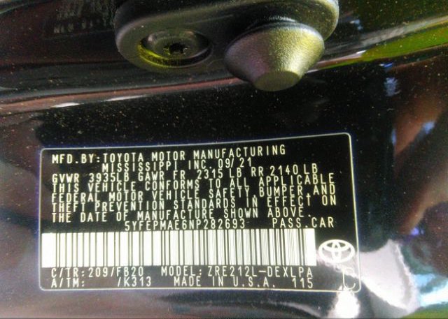 2022 TOYOTA COROLLA(VIN: 5YFEPMAE6NP282693
