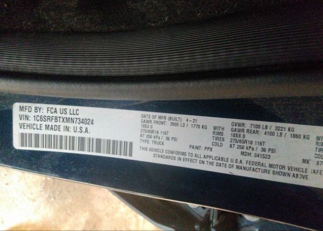 2021 RAM 1500(VIN: 1C6SRFBTXMN734024