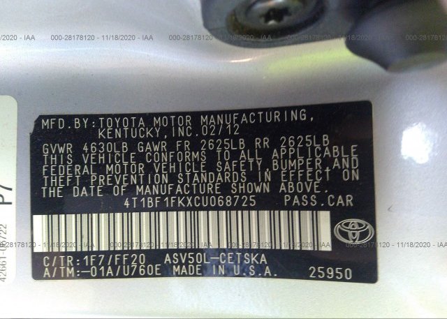 4T1BF1FKXCU068725 2012 TOYOTA CAMRY