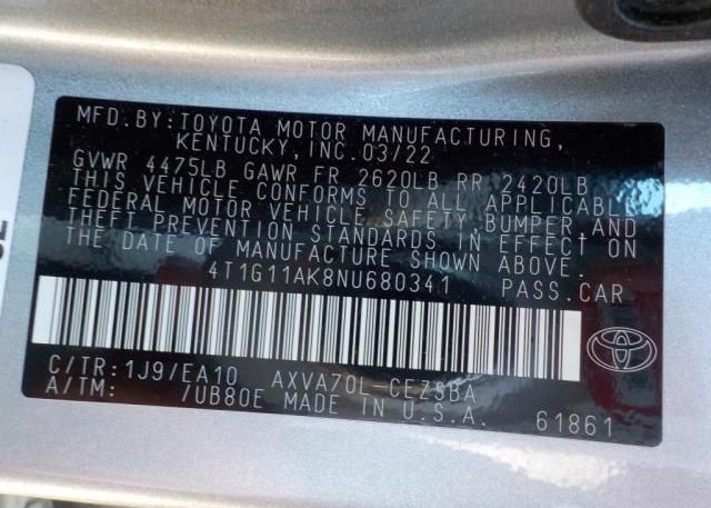 2022 TOYOTA CAMRY(VIN: 4T1G11AK8NU680341