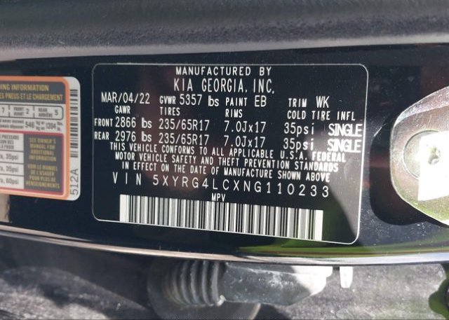 2022 KIA SORENTO(VIN: 5XYRG4LCXNG110233