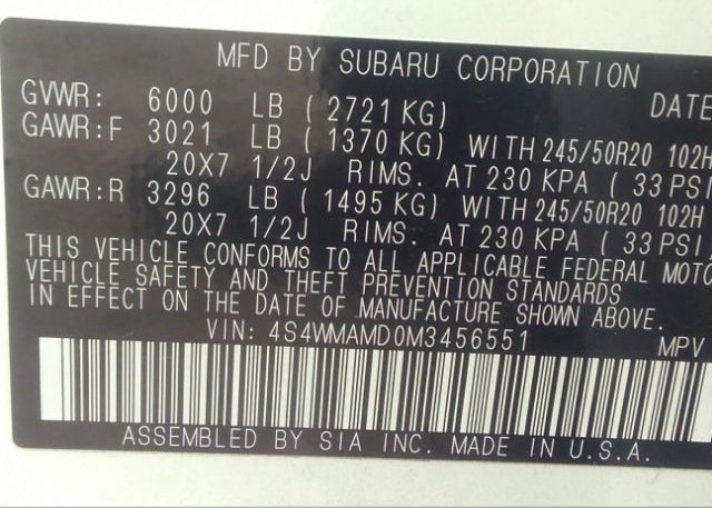 2021 SUBARU ASCENT(VIN: 4S4WMAMD0M3456551
