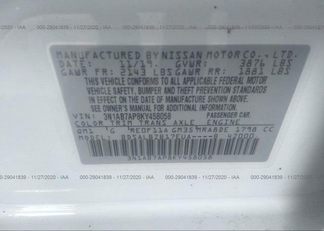 3N1AB7AP8KY458058 2019 NISSAN SENTRA