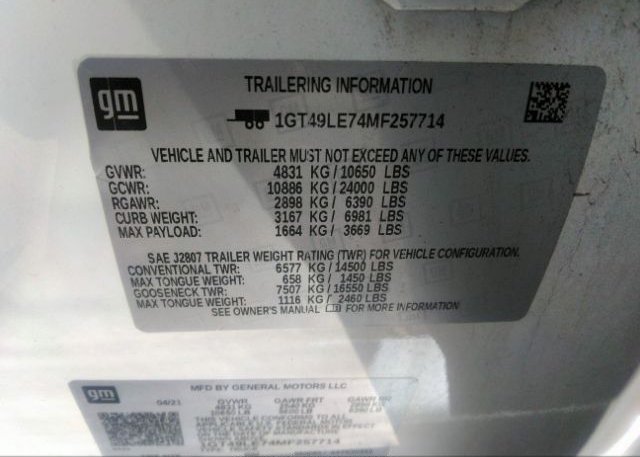 2021 GENERAL MOTORS SIERRA 2500HD(VIN: 1GT49LE74MF257714