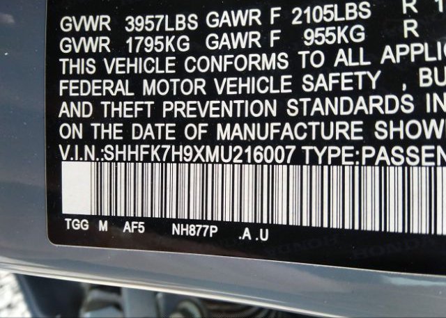 2021 HONDA CIVIC HATCHBACK(VIN: SHHFK7H9XMU216007