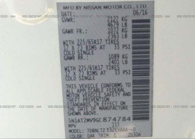 5N1AT2MV9GC874784 2016 NISSAN ROGUE