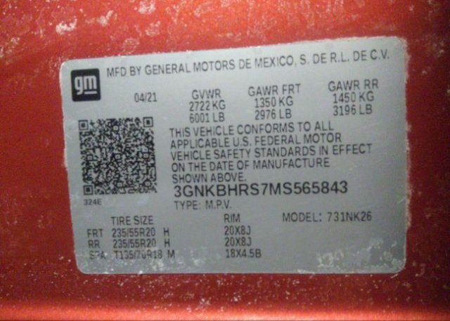 2021 CHEVROLET BLAZER(VIN: 3GNKBHRS7MS565843