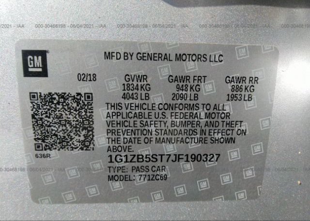 2018 CHEVROLET MALIBU VIN: 1G1ZB5ST7JF190327