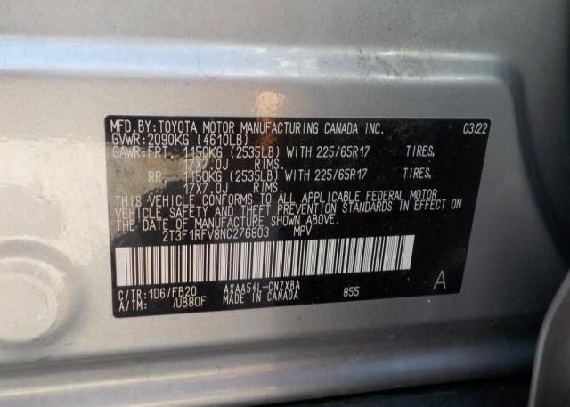 2022 TOYOTA RAV4(VIN: 2T3F1RFV8NC276803