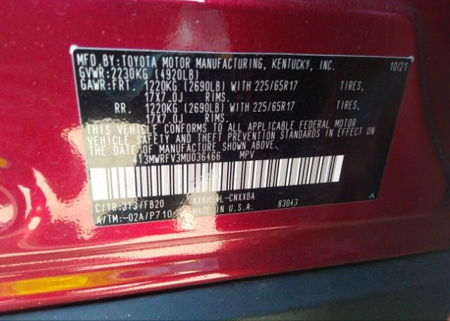 2021 TOYOTA RAV4(VIN: 4T3MWRFV3MU036466