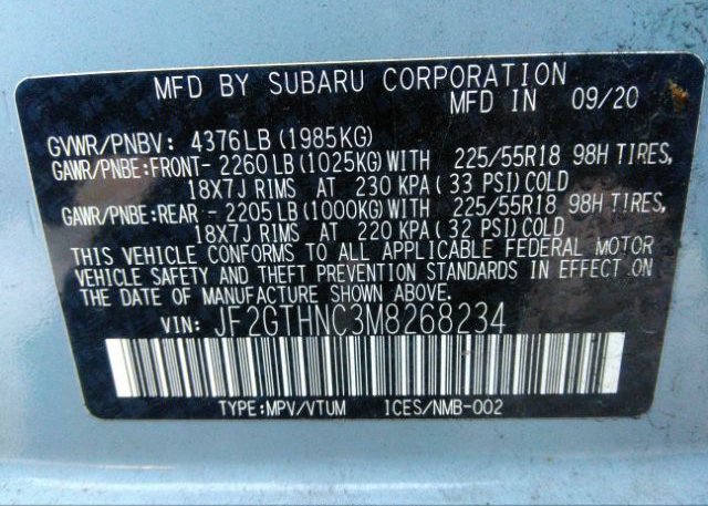 2021 SUBARU CROSSTREK(VIN: JF2GTHNC3M8268234