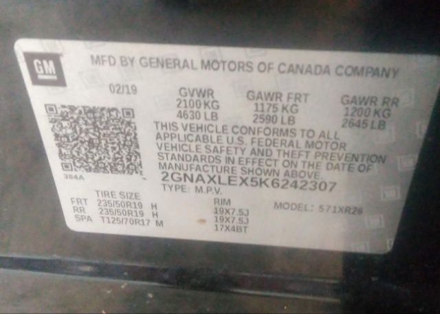 2019 CHEVROLET EQUINOX VIN: 2GNAXLEX5K6242307