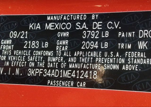 2021 KIA FORTE(VIN: 3KPF34AD1ME412418