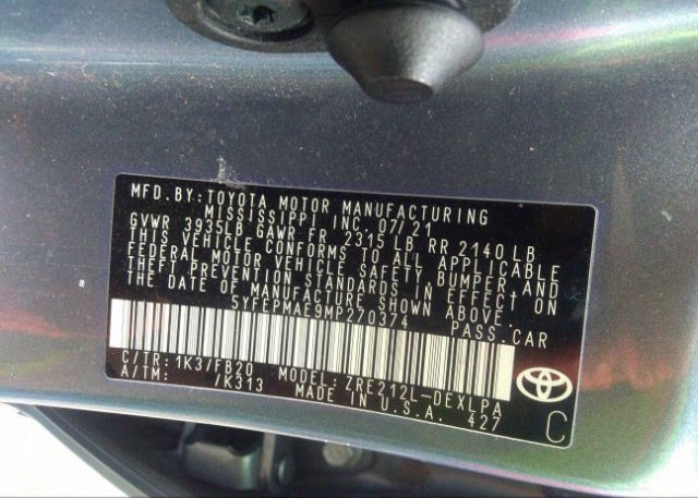 2021 TOYOTA COROLLA(VIN: 5YFEPMAE9MP270374