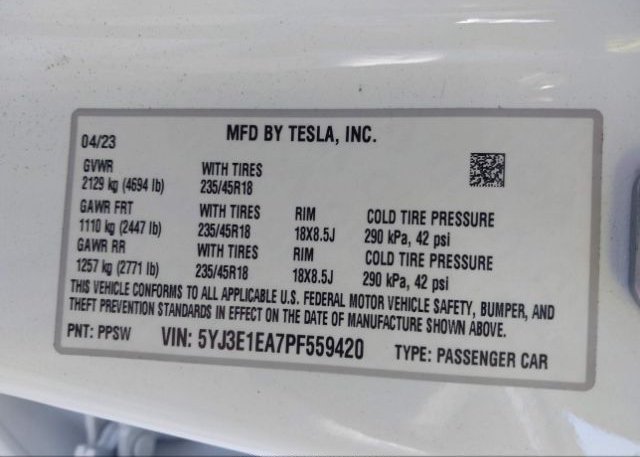 2023 TESLA MODEL 3(VIN: 5YJ3E1EA7PF559420