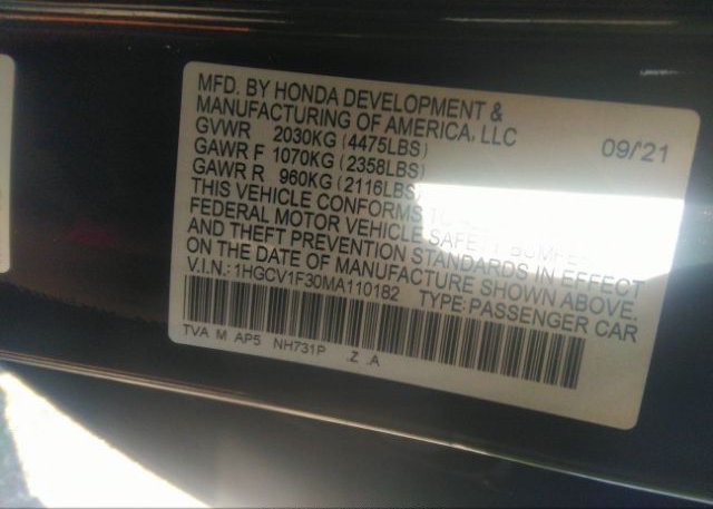 2021 HONDA ACCORD SEDAN(VIN: 1HGCV1F30MA110182