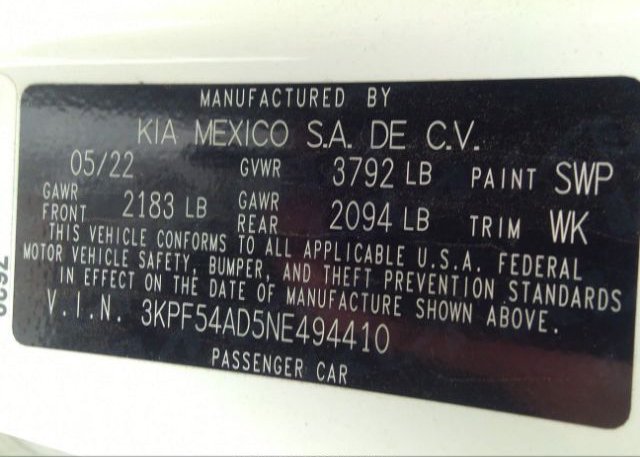2022 KIA FORTE(VIN: 3KPF54AD5NE494410