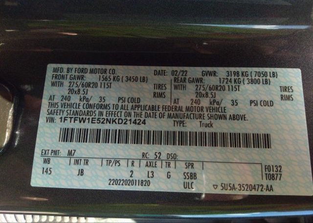 2022 FORD F-150(VIN: 1FTFW1E52NKD21424