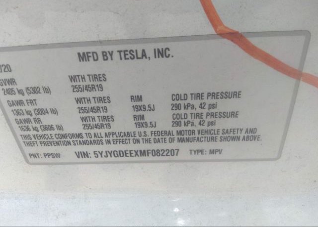2021 TESLA MODEL Y(VIN: 5YJYGDEEXMF082207