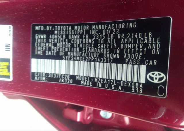 2023 TOYOTA COROLLA(VIN: 5YFS4MCE2PP143317