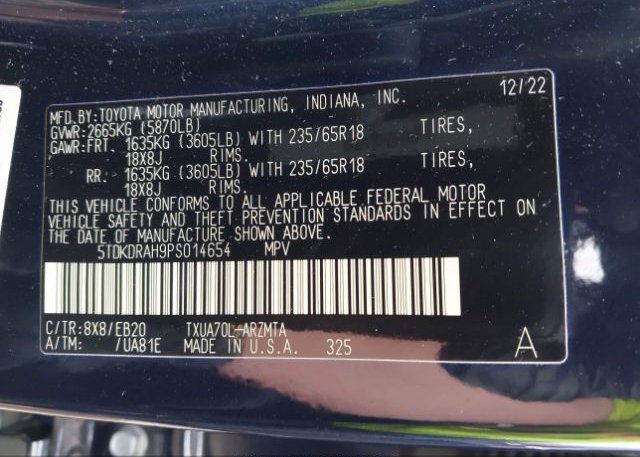 2023 TOYOTA HIGHLANDER(VIN: 5TDKDRAH9PS014654