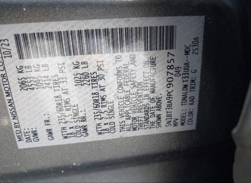 2023 NISSAN ROGUE SV FWD(VIN: 5N1BT3BA9PC907857