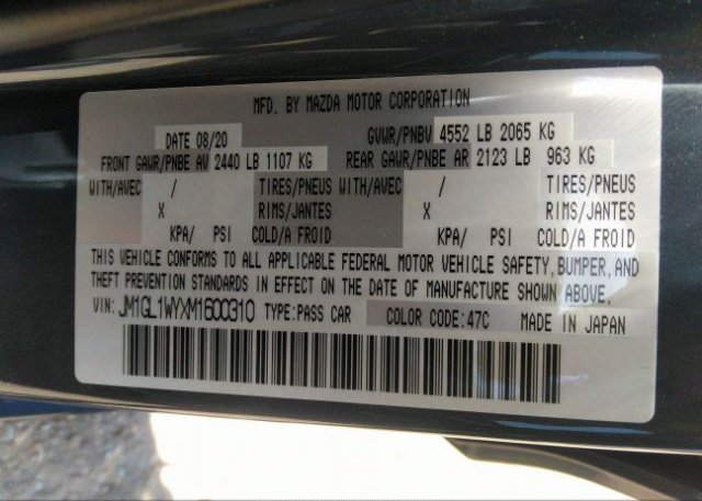 2021 MAZDA MAZDA6(VIN: JM1GL1WYXM1600310