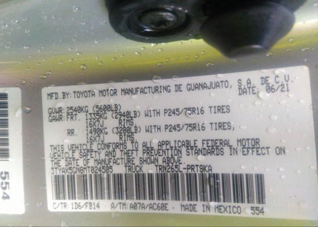 2021 TOYOTA TACOMA 2WD(VIN: 3TYAX5GN8MT024505