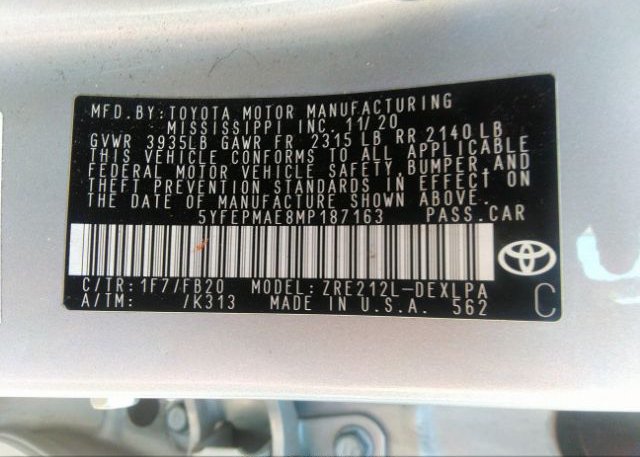 2021 TOYOTA COROLLA(VIN: 5YFEPMAE8MP187163
