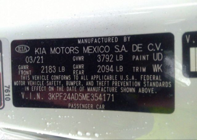 2021 KIA FORTE(VIN: 3KPF24AD5ME354171