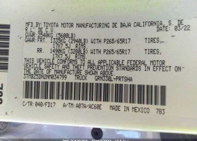 2022 TOYOTA TACOMA 2WD(VIN: 3TMBZ5DN2NM034799