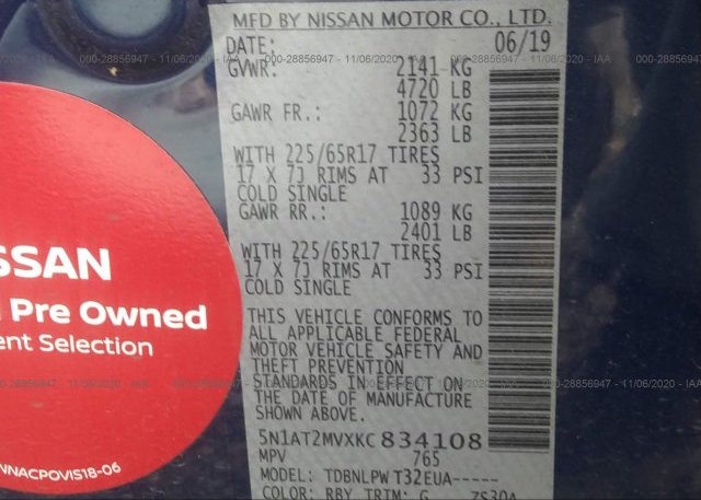 5N1AT2MVXKC834108 2019 NISSAN ROGUE