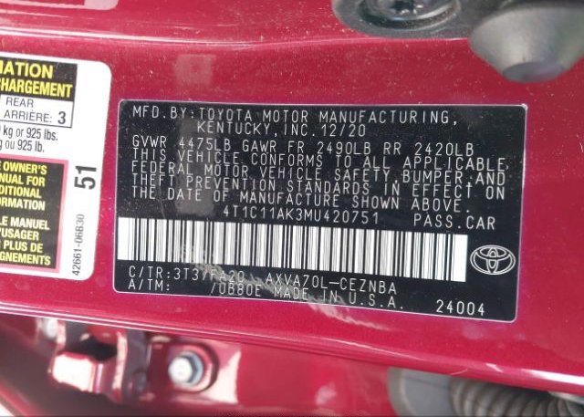 2021 TOYOTA CAMRY(VIN: 4T1C11AK3MU420751
