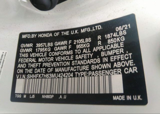 2021 HONDA CIVIC HATCHBACK(VIN: SHHFK7H63MU424204