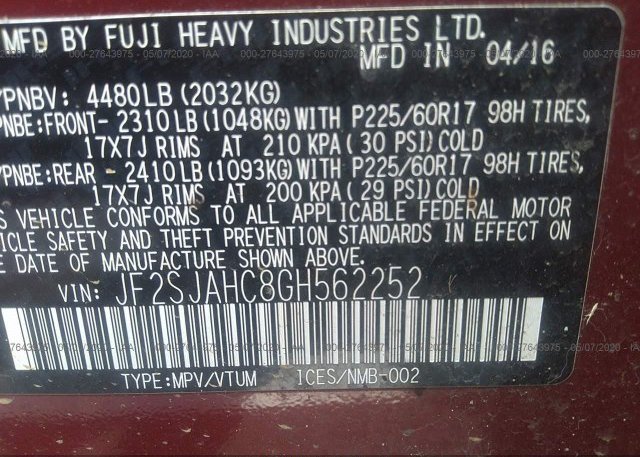 JF2SJAHC8GH562252 2016 Subaru FORESTER
