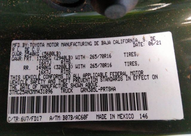 2021 TOYOTA TACOMA 4WD(VIN: 3TMCZ5AN3MM431896