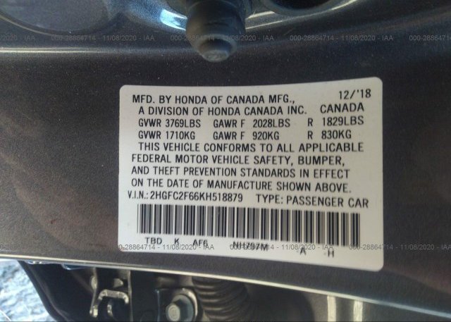 2HGFC2F66KH518879 2019 HONDA CIVIC SEDAN