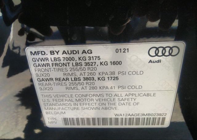 2021 AUDI E-TRON(VIN: WA12AAGE3MB023922