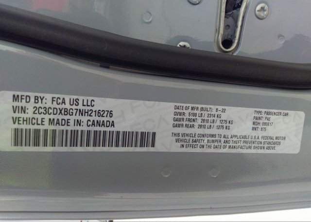 2022 DODGE CHARGER(VIN: 2C3CDXBG7NH216276