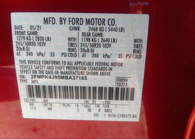 2021 FORD EDGE(VIN: 2FMPK4J95MBA37185