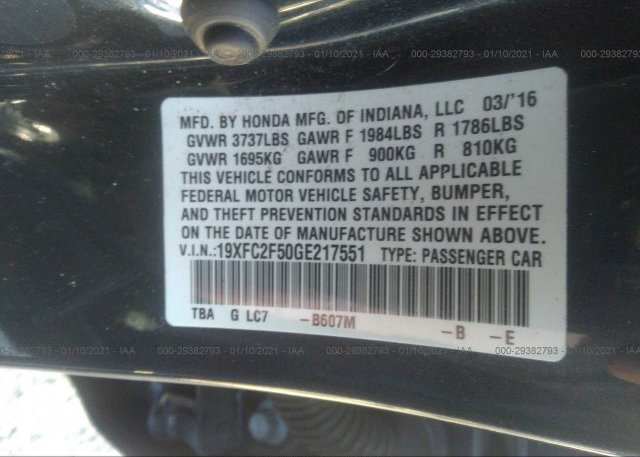 19XFC2F50GE217551 2016 HONDA CIVIC SEDAN