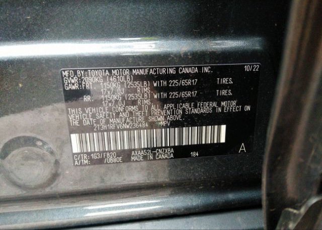 2022 TOYOTA RAV4(VIN: 2T3H1RFV6NW236484