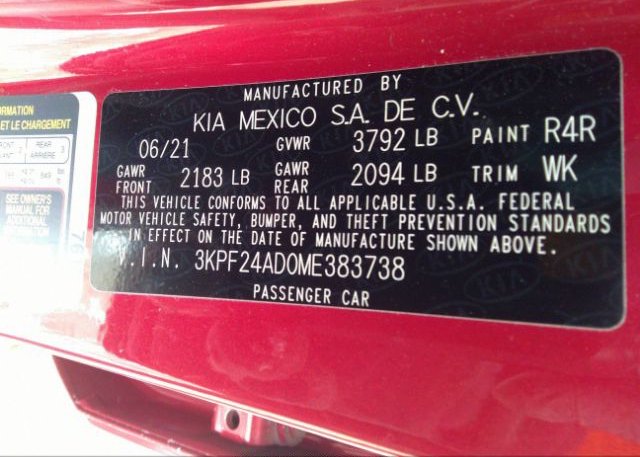 2021 KIA FORTE(VIN: 3KPF24AD0ME383738