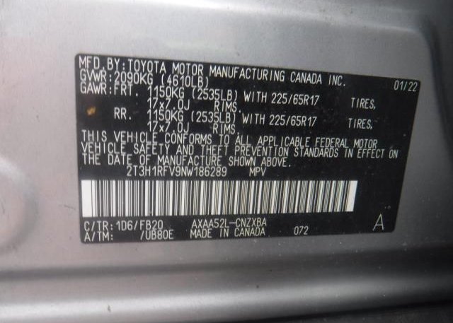 2022 TOYOTA RAV4(VIN: 2T3H1RFV9NW186289